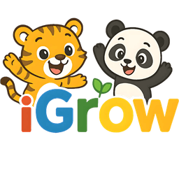 iGrow International School Logo with Tiger and Panda mascots